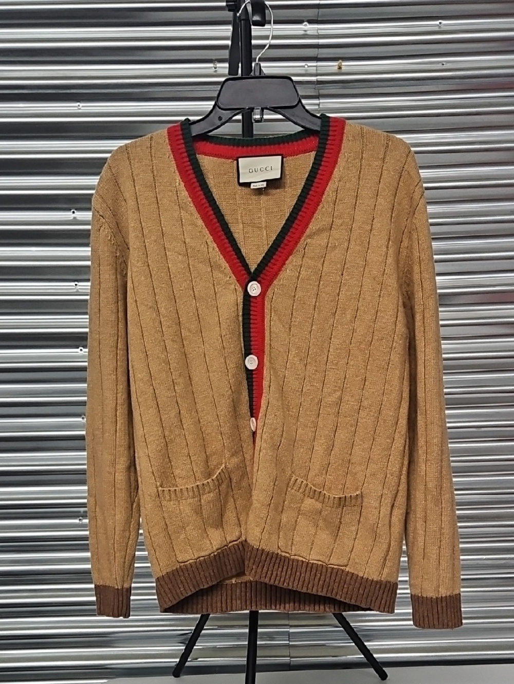 Gucci Camel Brown Cardigan with Red & Green Trim